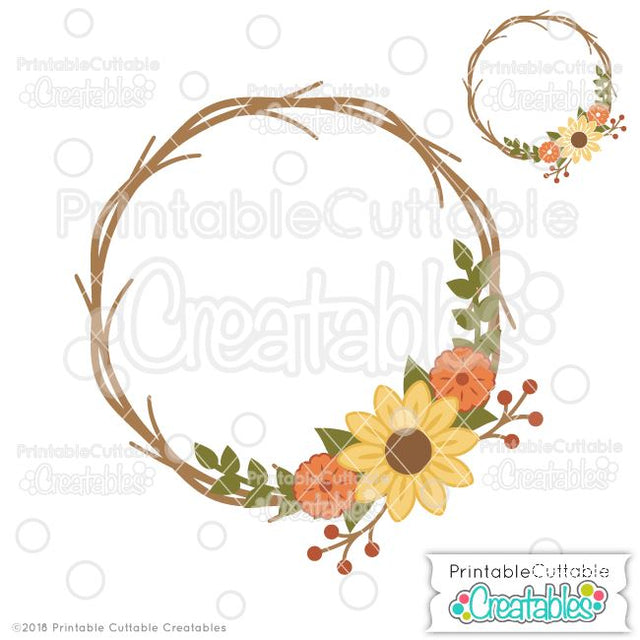 Autumn Flowers Wreath Monogram Frame SVG Printable Cuttable Creatables 