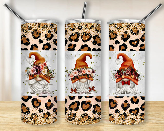 Autumn Gnomes 20oz Skinny Tumbler, Boho Autumn Tumbler Design, Leopard Glitter Tumbler Wrap, Gnomes Floral Tumbler Png, Autumn Sublimation Design, Digital Download Sublimation BouDesign 