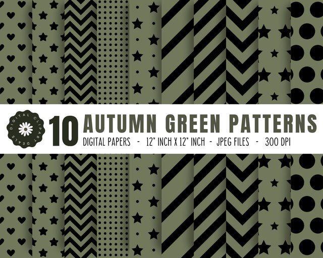 Autumn Green Patterns - 10 - 12" inch x 12" inch Digital Papers Digital Pattern Digital Clipart Deals 