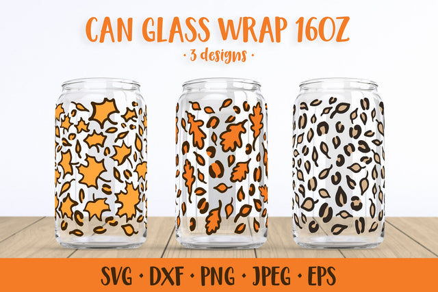 Autumn Leaves Can Glass Wrap SVG. Fall Leopard Glass Can SVG LaBelezoka 