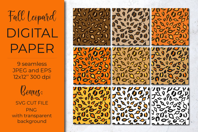 Autumn leopard digital paper. Fall leaves leopard print SVG Digital Pattern LaBelezoka 
