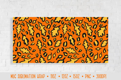 Autumn Leopard Mug Sublimation. Oak Leaves Mug Wrap Design Sublimation LaBelezoka 