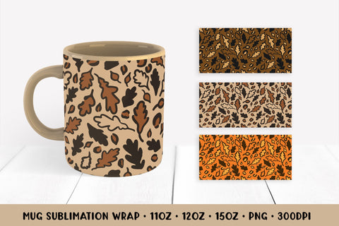 Autumn Oak Leaves Mug Sublimation Wrap. Fall Leopard Mug Sublimation LaBelezoka 