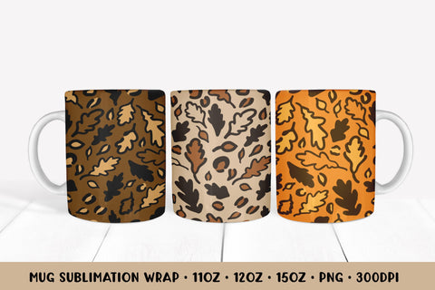 Autumn Oak Leaves Mug Sublimation Wrap. Fall Leopard Mug Sublimation LaBelezoka 