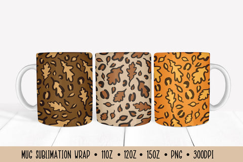 Autumn Oak Leaves Mug Wrap Sublimation. Fall Leopard Mug Sublimation LaBelezoka 