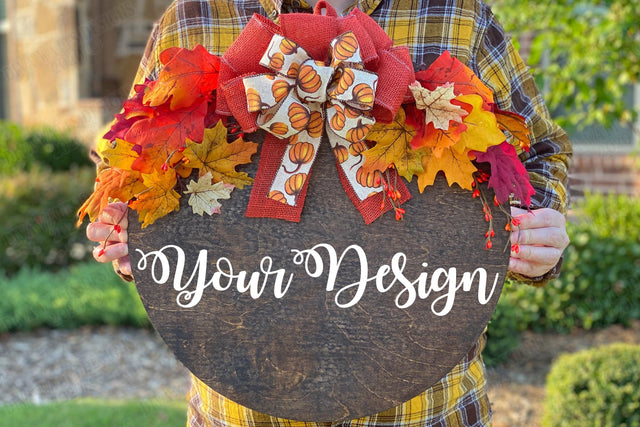 Autumn Wood Wreath Mockup | Digital Design Display | Instant Download | Wooden Wreath With Greenery and Bow Mock-up Mock Up Photo Diva Watts Designs 