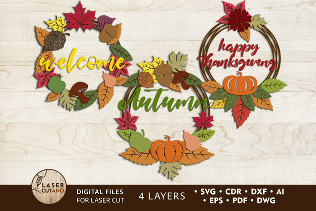 AUTUMN WREATH Multilayer Laser Cut Files, Mandala, Round Sign SVG, 3D Designs, Mini Design Bundles SVG LaserCutano 