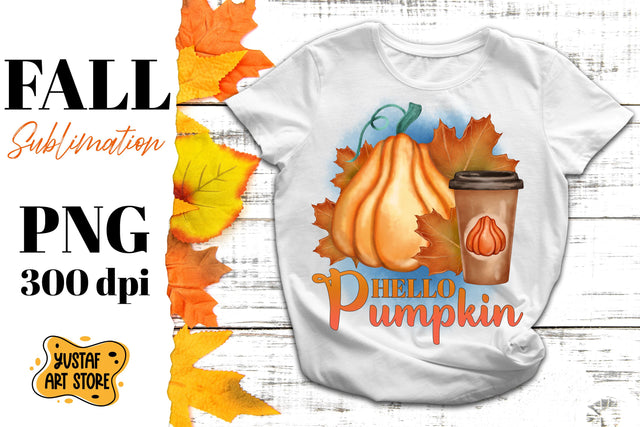 Autumn/Fall sublimation . Hello Pumpkin watercolor design Sublimation Yustaf Art Store 