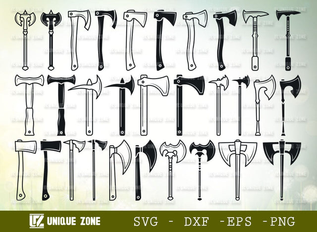 Axe SVG Bundle, Axe Silhouette, Lumberjack Axe Svg, Wood Cutter Svg, Weapon Svg, Axes Svg, Hammer Svg, SVG Unique Zone 
