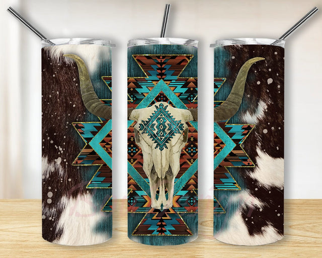 Aztec Bull Skull 20oz Tumbler Template, Aztec Turquoise Tumbler Png, Western Bull Skull Tumbler Design, Cowhide Tumbler Wrap, Western Country Tumbler Png, Digital Download Sublimation BouDesign 