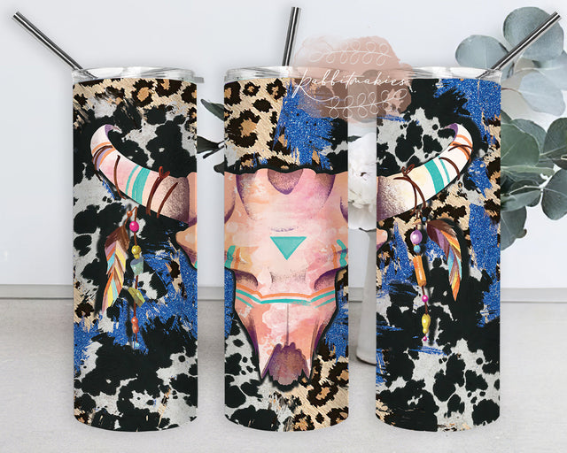 Aztec Bull Skull Feathers 20oz Tumbler Design, Cowhide Leopard Glitter Tumbler Wrap, Western Bull Skull Design Png, Bull Skull Sublimation Design, Instant Download Sublimation Rabbitmakies 