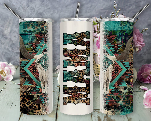Aztec Bull Skull Mama 20oz Sublimation Tumbler Designs, Leopard Aztec Bull Skull Tumbler, Bull Skull, Turquoise And Cow Seamless Sublimation DesignSVG 