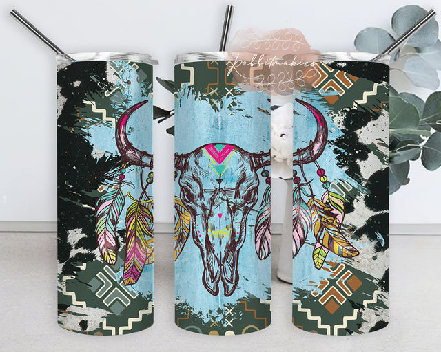 Aztec Bull Skull Tumbler Png, Western Cowhide Skull 20oz Tumbler Wrap, Bull Skull Feathers Design Png, Digital Download Sublimation Rabbitmakies 