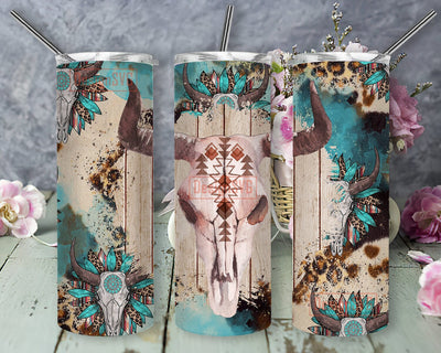 Aztec Bull Skull Tumbler Template, Western Bull Skull Gemstone 20oz Skinny Tumbler, Leopard Cowhide Turquoise Tumbler Wrap, Bull Skull Sublimation Design, Digital Download Sublimation DesignSVG 