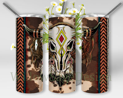 Aztec Cow Skull 20oz Skinny Tumbler, Aztec Cowhide Full Tumbler Wrap, Cow Skull Feathers Tumbler Png, Western Cow Skull Tumbler, Western Sublimation Design, Instant Download Sublimation WillowSageDesign 