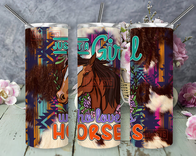Aztec Horses Flowers 20oz Skinny Tumbler, Just a Girl Who Loves Horses Tumbler Png, Farm Animals Design Png, Western Cowhide Tumbler Wrap, Digital Download Sublimation DesignSVG 