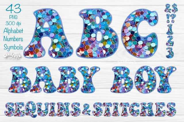 Baby Alphabet PNG Boy Glitter Letters Numbers Symbols Sequins and Stitches Sublimation Createya Design 