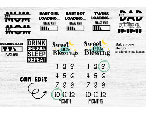 Baby and Pregnancy SVG bundle,baby milestone,mom mum versions SVG Redearth and gumtrees 