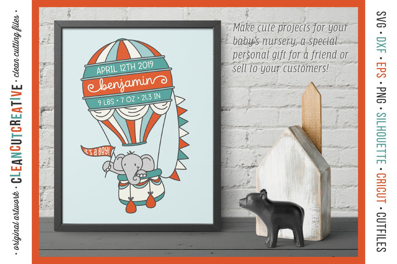 Baby Announcement HOT AIR BALLOON Baby Birth Stats with elephant SVG ...