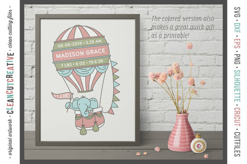 Baby Announcement HOT AIR BALLOON Baby Birth Stats with elephant SVG file SVG CleanCutCreative 