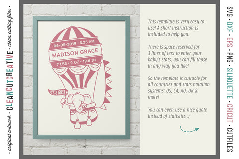 Baby Announcement HOT AIR BALLOON Baby Birth Stats with elephant SVG file SVG CleanCutCreative 