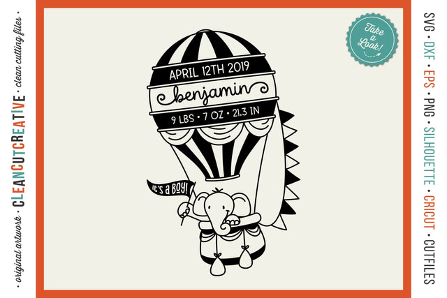 Baby Announcement HOT AIR BALLOON Baby Birth Stats with elephant SVG file SVG CleanCutCreative 