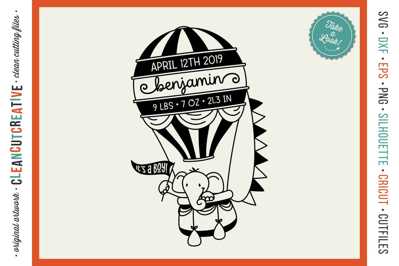 Baby Announcement HOT AIR BALLOON Baby Birth Stats with elephant SVG ...