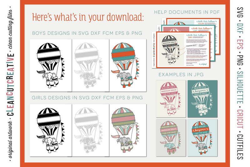 Baby Announcement HOT AIR BALLOON Baby Birth Stats with elephant SVG ...