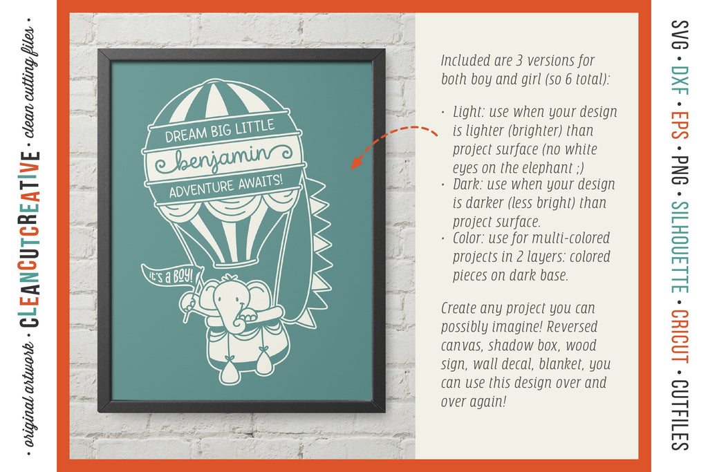 Baby Announcement HOT AIR BALLOON Baby Birth Stats with elephant SVG ...