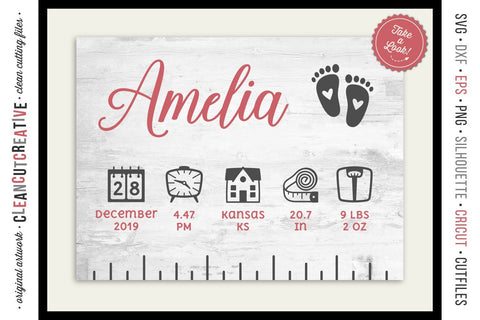 Baby Birth Stats Ruler - newborn elements - SVG file for crafters SVG CleanCutCreative 