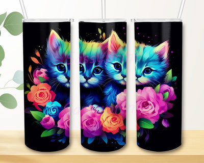 Baby Cats Neon Cute With Floral 20oz Skinny Tumbler Png, Neon Baby Cats Floral Tumbler, Flower Cute Baby Cat Tumbler, Noen Baby Cat Tumbler, Baby Animals Png Sublimation sassyprint 