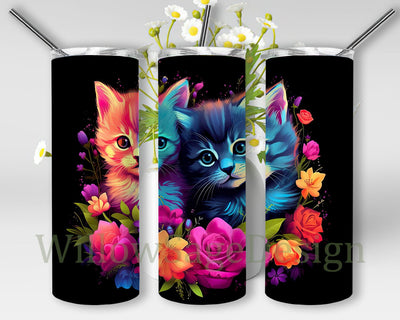 Baby Cats Neon Cute With Floral 20oz Skinny Tumbler Png, Neon Baby Cats Floral Tumbler, Flower Cute Baby Cat Tumbler, Noen Baby Cat Tumbler, Baby Animals Png Sublimation WillowSageDesign 