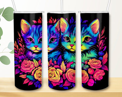 Baby Cats Neon Cute With Rose 20oz Skinny Tumbler Png, Neon Baby Cats Rose Tumbler, Flower Cute Baby Cat Tumbler, Noen Baby Cat Tumbler, Baby Animals Png Sublimation sassyprint 