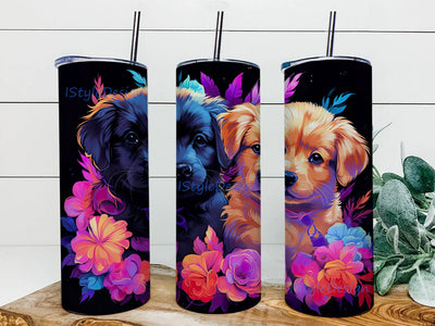 Baby Dogs Neon Cute With Floral 20oz Skinny Tumbler Png, Black And Yellow Baby Dogs Tumbler, Flower Black Dog Neon Tumbler, Noen Baby DogTumbler, Baby Animals Png Sublimation iStyleDesign 