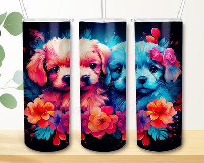 Baby Dogs Neon Cute With Floral 20oz Skinny Tumbler Png, Neon Puppy Floral Tumbler, Flower Cute Baby Dog Tumbler, Noen Baby DogTumbler, Baby Animals Png Sublimation sassyprint 