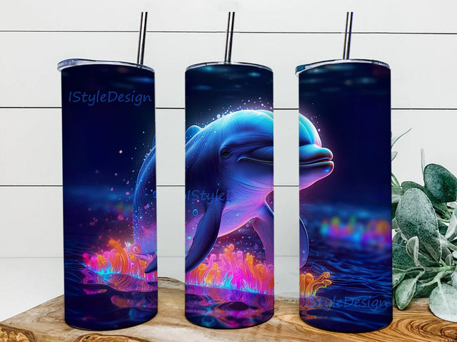 Baby Dolphin Cute Neon Swiming In The Ocean 20oz Skinny Tumbler Png, Dolphin Sea Neon Wave Tumbler, Dolphin Swimming Sea Neon Tumbler, Sea Dolphin Neon Png Sublimation iStyleDesign 