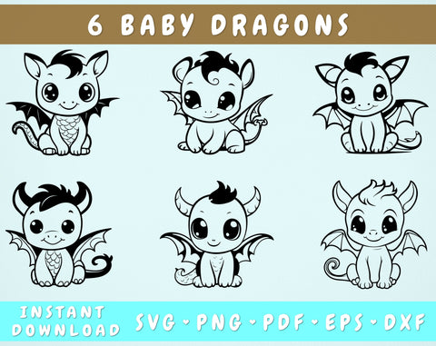 Baby Dragons SVG Bundle, 6 Designs, Little Dragons PNG, Dragon Clipart, SVG For Kids SVG HappyDesignStudio 