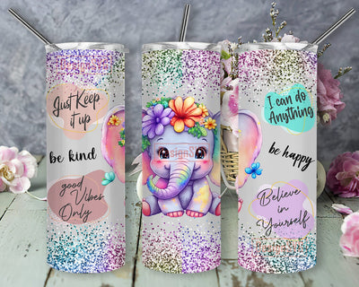 Baby Elephant Floral 20oz Tumbler Png, Self Love Tumbler Design, Colorful Elephant Design Png, Glitter Tumbler Wrap, Daily Affirmations Sublimation Png, Instant Download Sublimation DesignSVG 