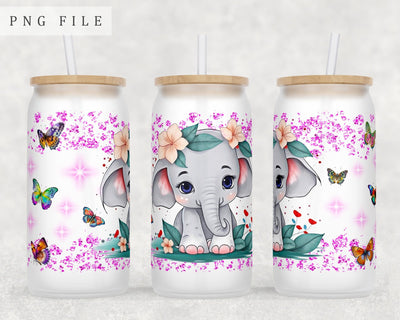 Baby Elephant Libbey Glass Can Wrap, 16oz Glass Can Sublimation Design, Little Elephant Glass Can PNG File Sublimation HappyDesignStudio 