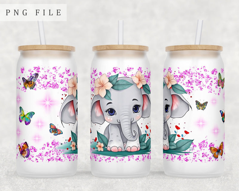 Baby Elephant Libbey Glass Can Wrap, 16oz Glass Can Sublimation Design, Little Elephant Glass Can PNG File Sublimation HappyDesignStudio 