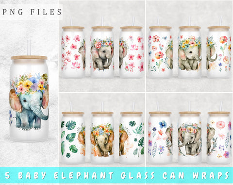 Baby Elephant Libbey Glass Can Wraps, 16 Oz Glass Can Sublimation Designs, Elephant Glass Can PNG Files, Little Elephant Glass Can Wraps Sublimation HappyDesignStudio 