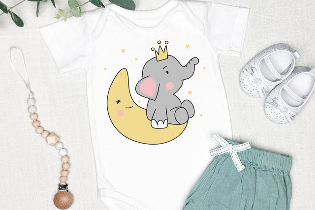 Baby Elephant Sit On The Moon, Baby Illustration SVG, Cute Baby Animal Illustration SVG dapiyupi store 