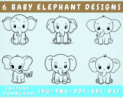 Baby Elephant SVG Bundle, 6 Designs, Little Elephant PNG, Cute Elephant Clipart, SVG For Kids SVG HappyDesignStudio 