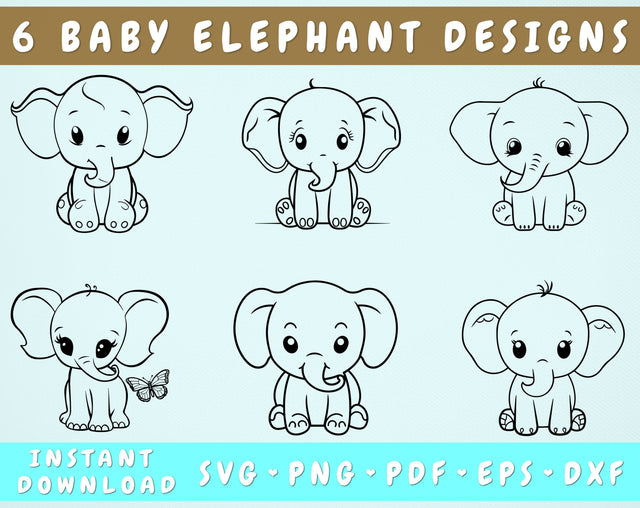Baby Elephant SVG Bundle, 6 Designs, Little Elephant PNG, Cute Elephant Clipart, SVG For Kids SVG HappyDesignStudio 