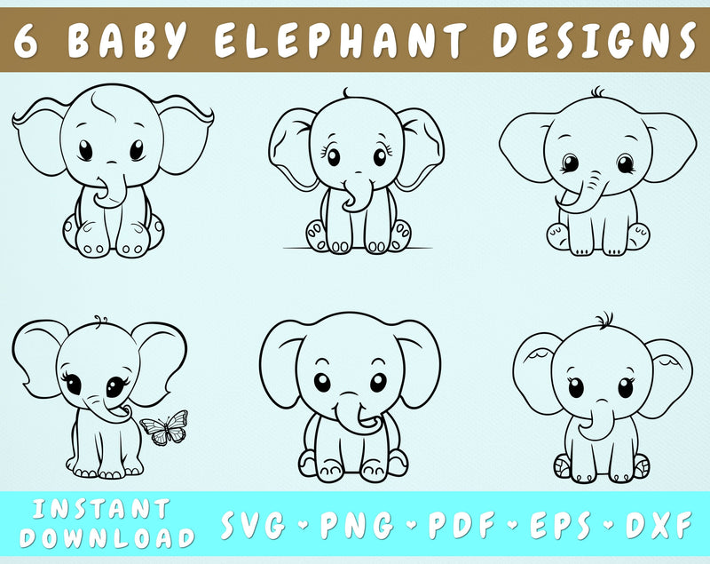 Baby Elephant SVG Bundle, 6 Designs, Little Elephant PNG, Cute Elephant Clipart, SVG For Kids SVG HappyDesignStudio 