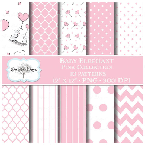 Baby Elephant with Balloons Digital Pattern Paper Pack (Pink) One Oak Designs 