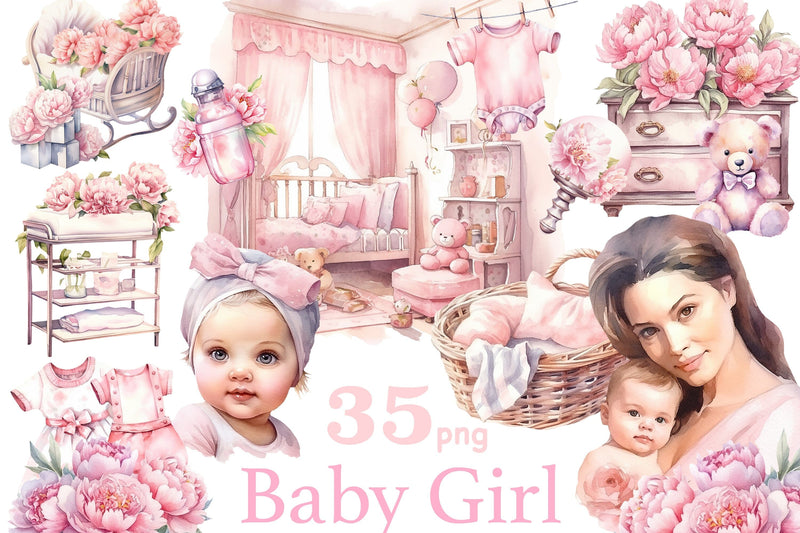 Baby Girl Clipart Bundle | Newborn Baby Clipart Set - So Fontsy