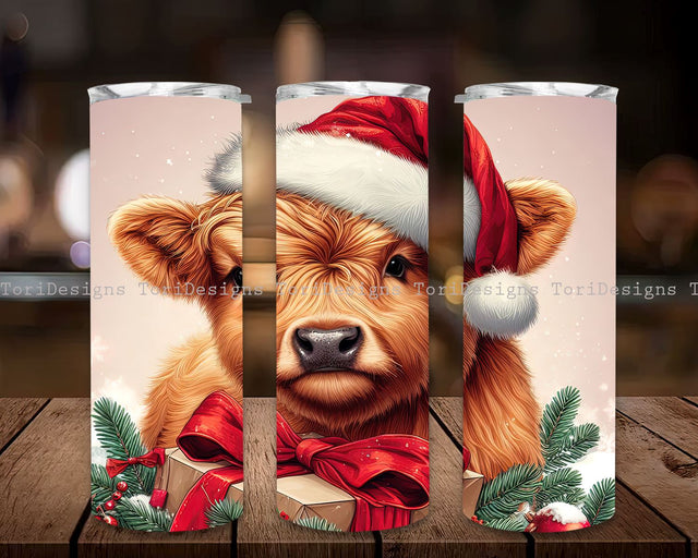 Baby Highland Cow Christmas 20 oz Skinny Tumbler Sublimation Designs, Baby Highland Cow Holiday Tumbler PNG Sublimation ToriDesigns 