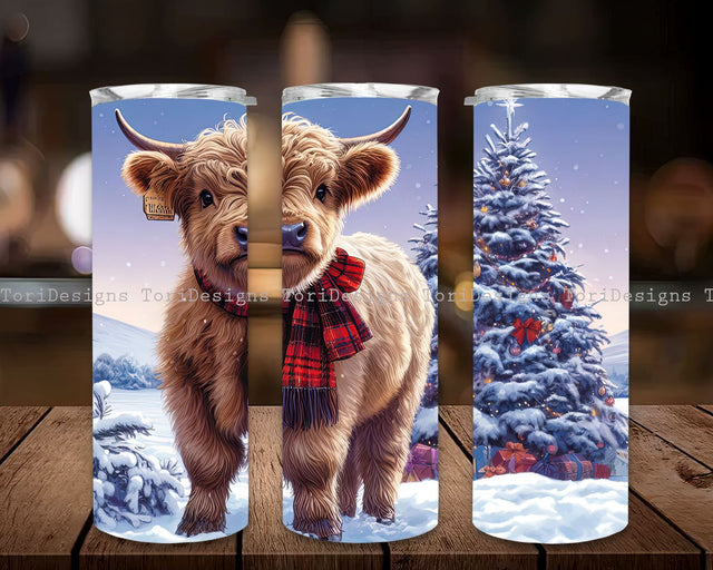 Baby Highland Cow Christmas 20 oz Skinny Tumbler Sublimation Designs, Baby Highland Cow Holiday Tumbler PNG Sublimation ToriDesigns 