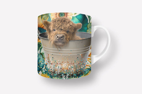 Baby Highland Cow in a bucket Sunflower 11, 12 & 15 Oz Mug Sublimation Sublimation Regulrcrative 